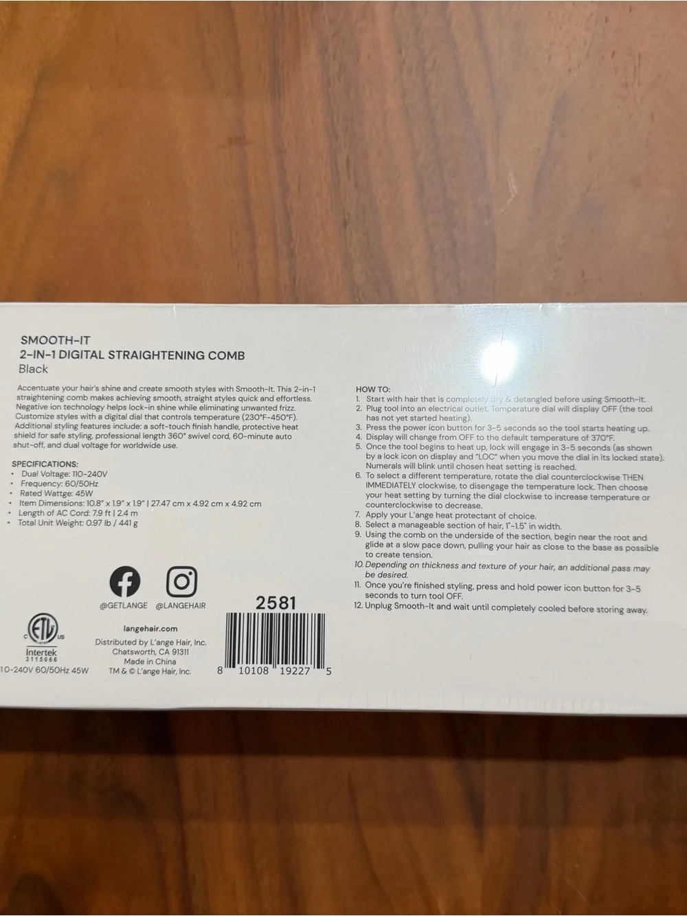 Sealed/Unopend Lange Smooth-It 2-in-1 Digital Straightening Comb - Black & White